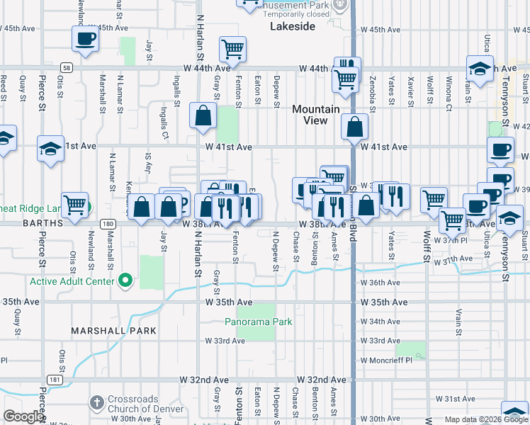 map of restaurants, bars, coffee shops, grocery stores, and more near 5667 West 38th Avenue in Wheat Ridge