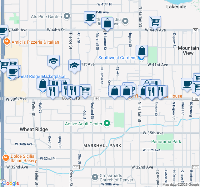 map of restaurants, bars, coffee shops, grocery stores, and more near 6303 County Road 180 in Wheat Ridge