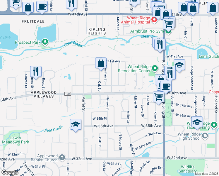 map of restaurants, bars, coffee shops, grocery stores, and more near 10595 West 38th Avenue in Wheat Ridge
