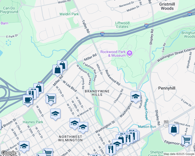 map of restaurants, bars, coffee shops, grocery stores, and more near 801A East Matson Run Parkway in Wilmington