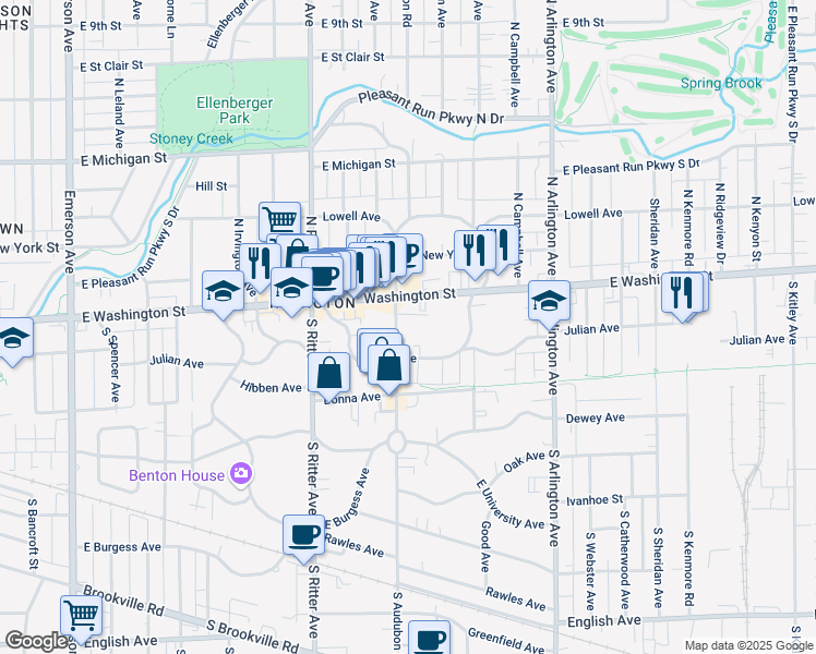 map of restaurants, bars, coffee shops, grocery stores, and more near 55 South Audubon Road in Indianapolis