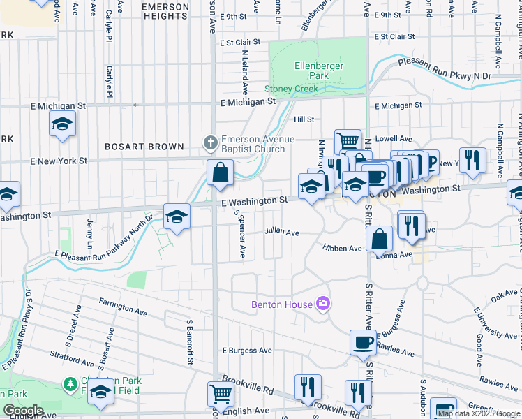 map of restaurants, bars, coffee shops, grocery stores, and more near 32 South Butler Avenue in Indianapolis