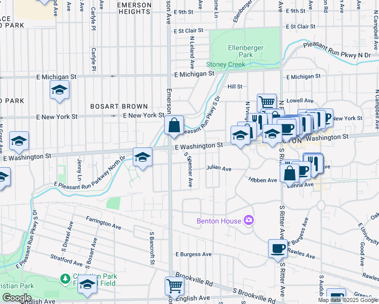 map of restaurants, bars, coffee shops, grocery stores, and more near 24 South Spencer Avenue in Indianapolis