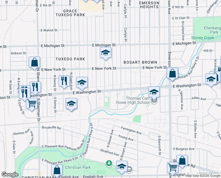 map of restaurants, bars, coffee shops, grocery stores, and more near 4609 East Washington Street in Indianapolis