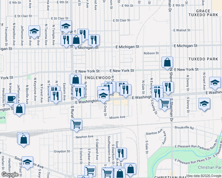 map of restaurants, bars, coffee shops, grocery stores, and more near 21 North Dearborn Street in Indianapolis