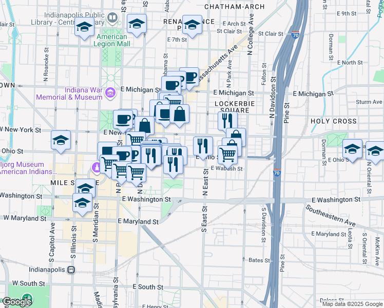 map of restaurants, bars, coffee shops, grocery stores, and more near in Indianapolis
