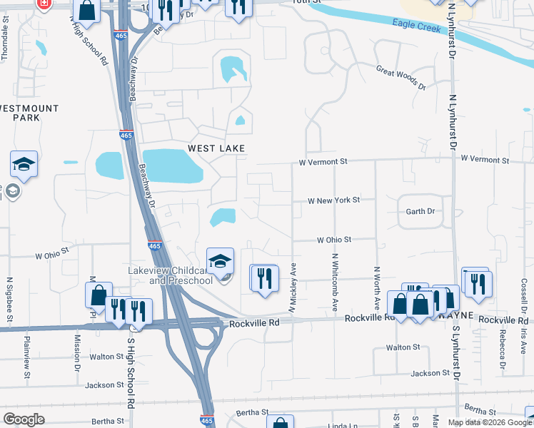 map of restaurants, bars, coffee shops, grocery stores, and more near 5719 Port Irving Drive in Indianapolis