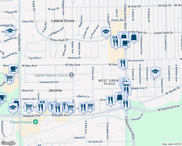 map of restaurants, bars, coffee shops, grocery stores, and more near 1302 W Glenn Ave in Springfield