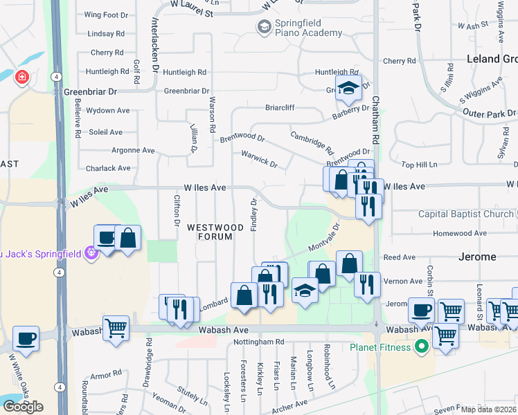 map of restaurants, bars, coffee shops, grocery stores, and more near 2610 Findley Drive in Springfield