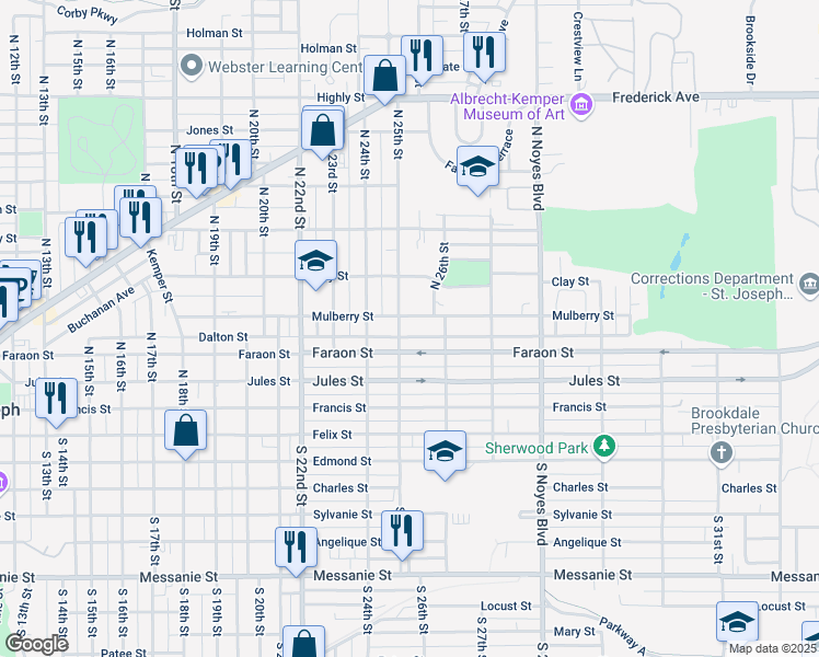map of restaurants, bars, coffee shops, grocery stores, and more near 2503 Faraon Street in Saint Joseph