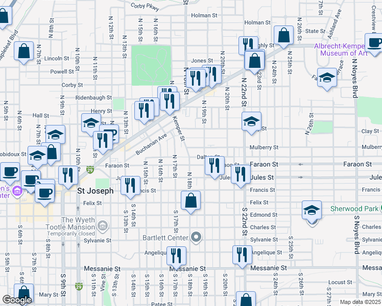 map of restaurants, bars, coffee shops, grocery stores, and more near 1715 Faraon Street in Saint Joseph