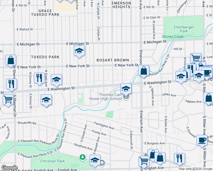 map of restaurants, bars, coffee shops, grocery stores, and more near 4815 East Washington Street in Indianapolis