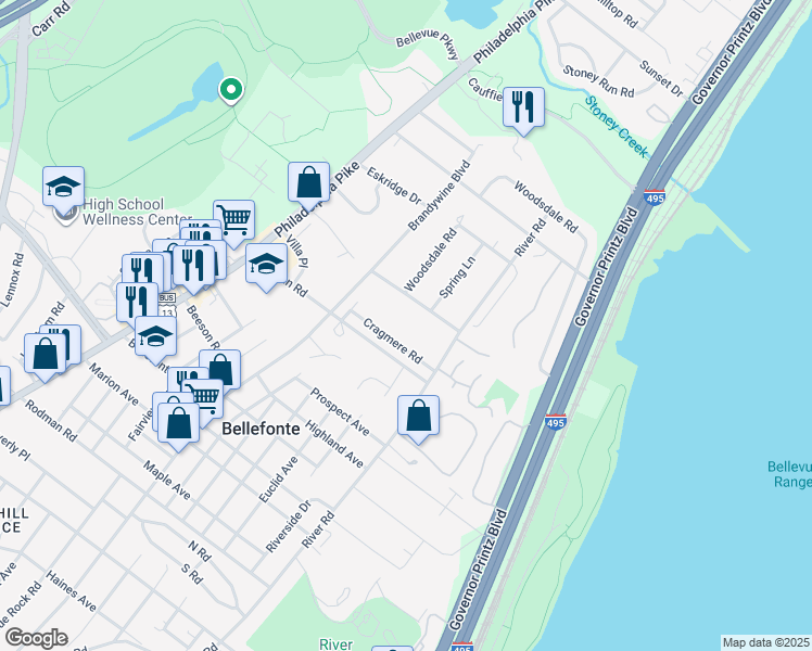 map of restaurants, bars, coffee shops, grocery stores, and more near 15-1/2 Cragmere Road in Wilmington