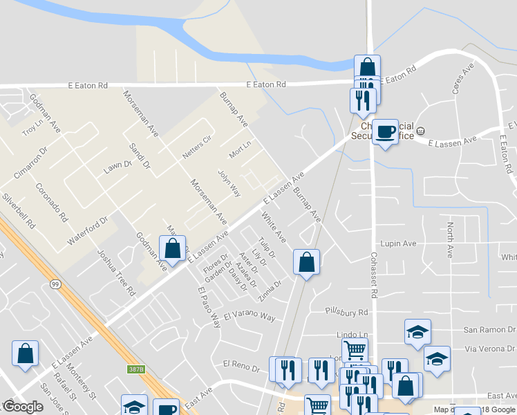 map of restaurants, bars, coffee shops, grocery stores, and more near 899 East Lassen Avenue in Chico