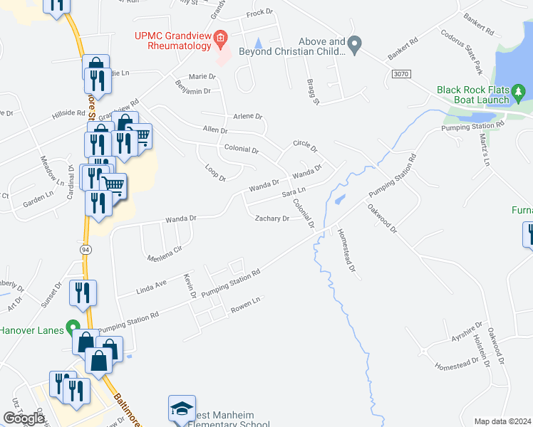 map of restaurants, bars, coffee shops, grocery stores, and more near 84 Zachary Drive in Hanover