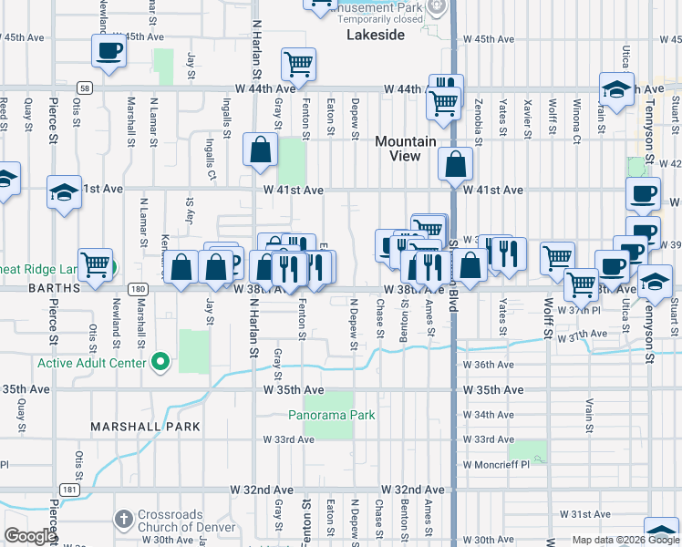 map of restaurants, bars, coffee shops, grocery stores, and more near 5667 West 38th Avenue in Wheat Ridge