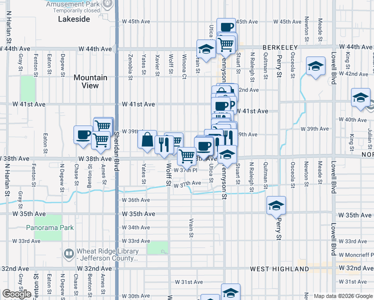 map of restaurants, bars, coffee shops, grocery stores, and more near 3820 Winona Court in Denver