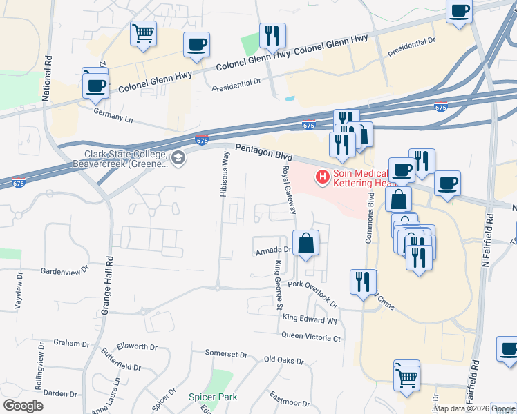 map of restaurants, bars, coffee shops, grocery stores, and more near 3607 Shadetree Drive in Dayton