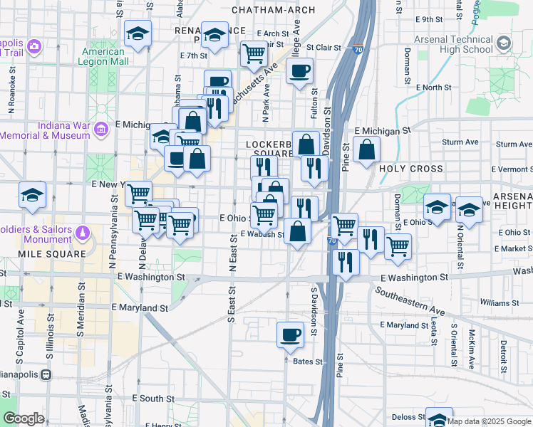 map of restaurants, bars, coffee shops, grocery stores, and more near 621e East Ohio Street in Indianapolis