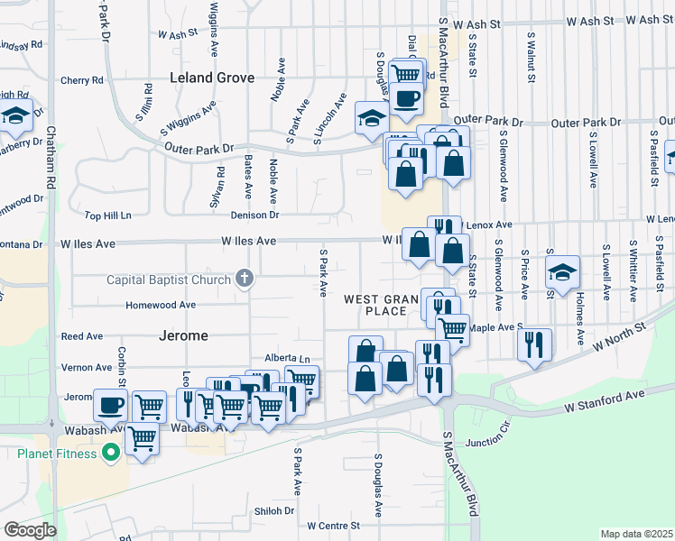 map of restaurants, bars, coffee shops, grocery stores, and more near Scott Court in Jerome