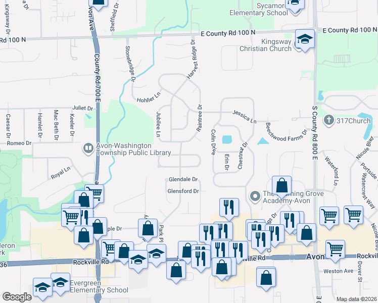 map of restaurants, bars, coffee shops, grocery stores, and more near 7498 Grandview Drive in Avon