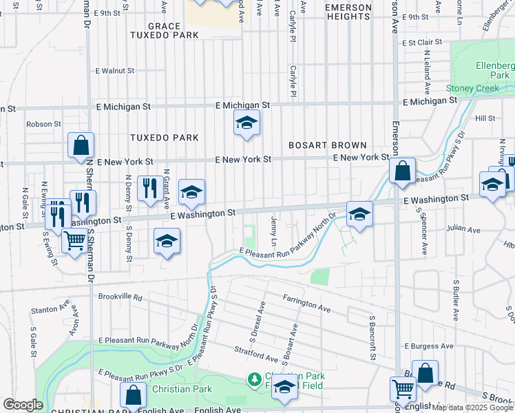 map of restaurants, bars, coffee shops, grocery stores, and more near 4609 Washington Street in Indianapolis