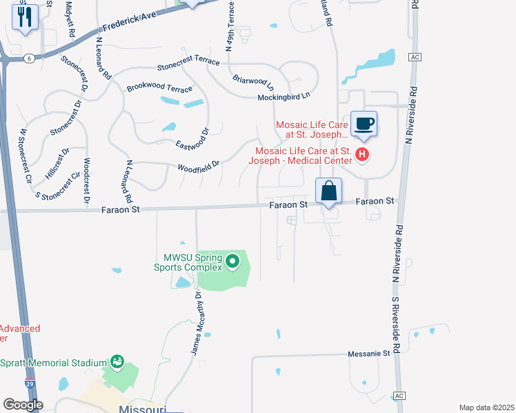map of restaurants, bars, coffee shops, grocery stores, and more near 320 Ryans Way in Saint Joseph