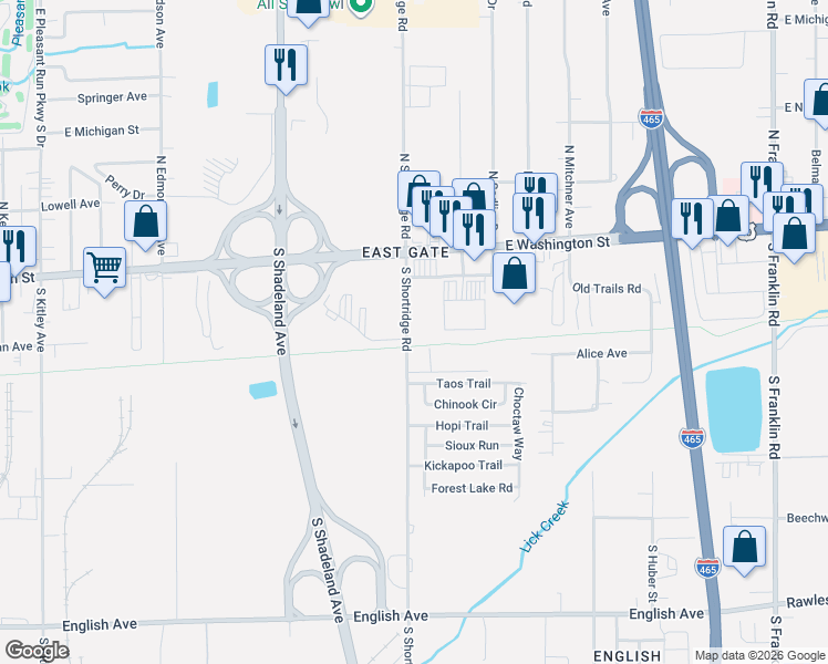 map of restaurants, bars, coffee shops, grocery stores, and more near 95 South Shortridge Road in Indianapolis