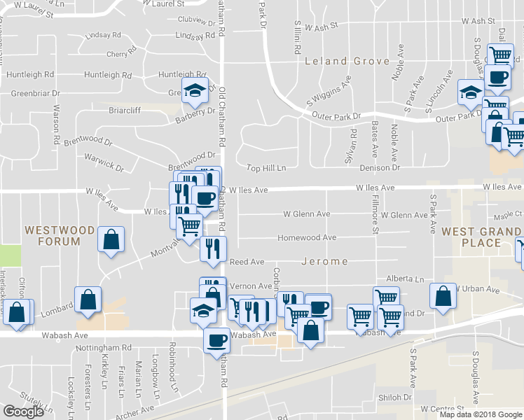 map of restaurants, bars, coffee shops, grocery stores, and more near 1717 West Glenn Avenue in Springfield