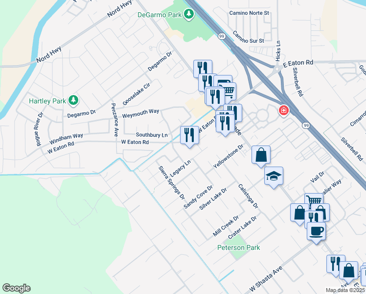map of restaurants, bars, coffee shops, grocery stores, and more near 244 Windrose Court in Chico