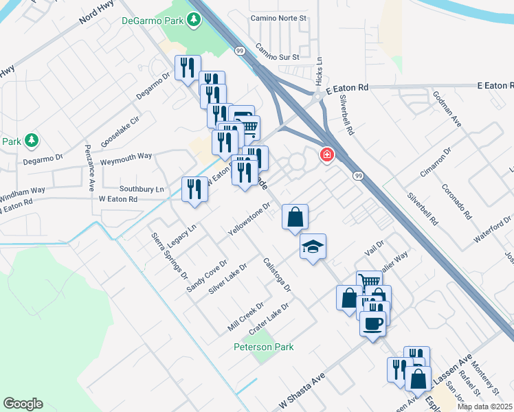 map of restaurants, bars, coffee shops, grocery stores, and more near 140 Yellowstone Drive in Chico