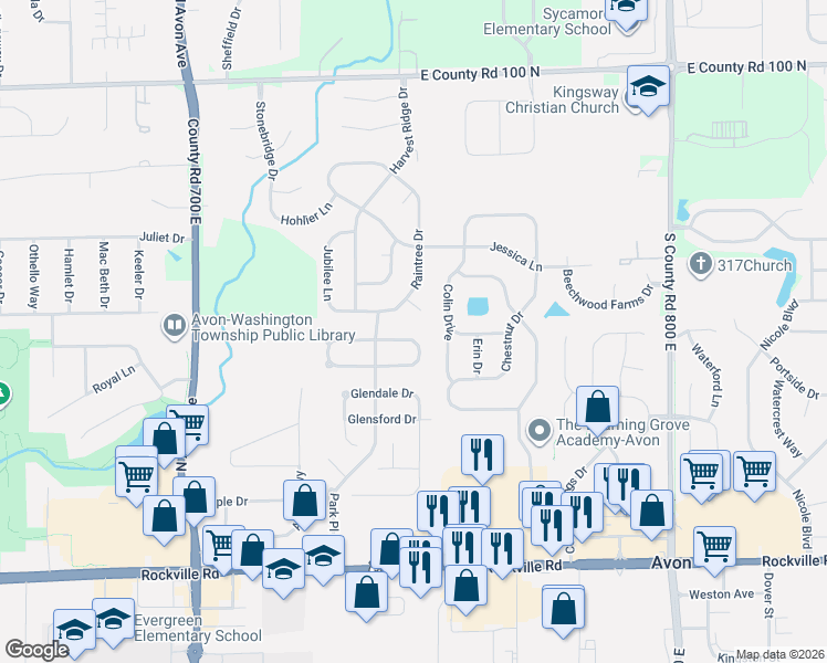 map of restaurants, bars, coffee shops, grocery stores, and more near 7458 Grandview Drive in Avon