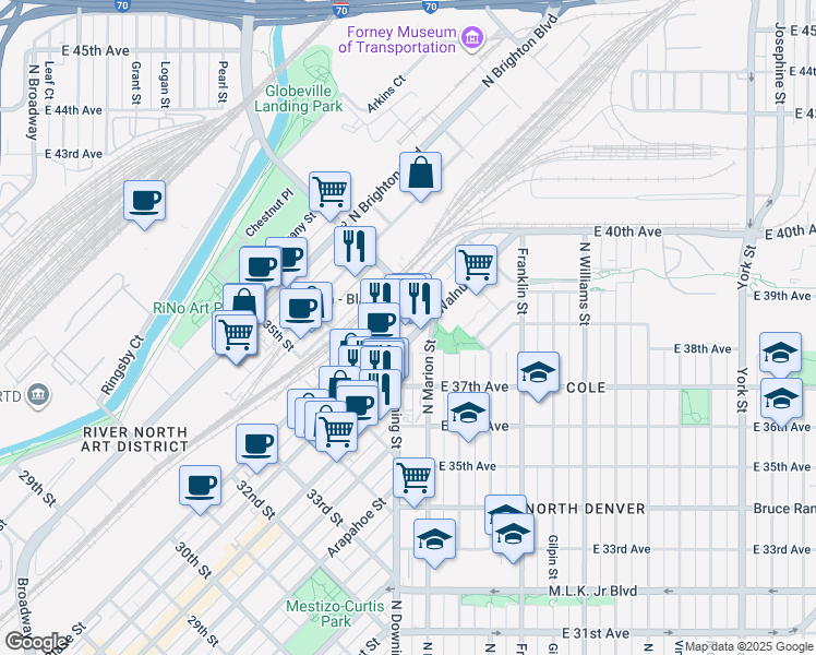 map of restaurants, bars, coffee shops, grocery stores, and more near 3702 Walnut Street in Denver