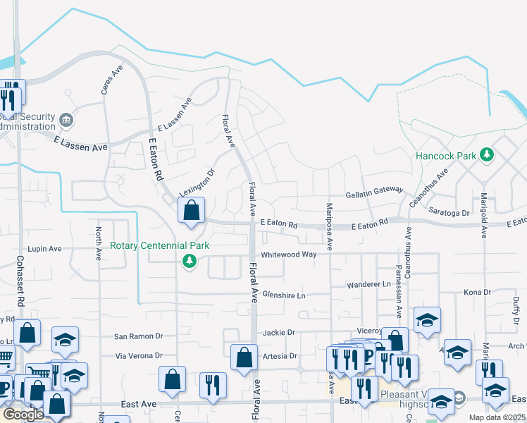map of restaurants, bars, coffee shops, grocery stores, and more near 3010 Floral Avenue in Chico