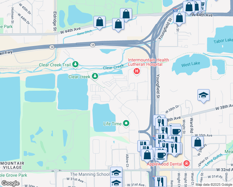 map of restaurants, bars, coffee shops, grocery stores, and more near 4040 Clear Creek Drive in Wheat Ridge