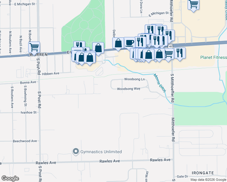map of restaurants, bars, coffee shops, grocery stores, and more near 9557 Woodsong Way in Indianapolis