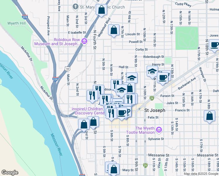 map of restaurants, bars, coffee shops, grocery stores, and more near 501 Faraon Street in Saint Joseph