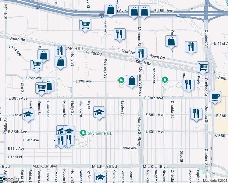 map of restaurants, bars, coffee shops, grocery stores, and more near 6225e 38th Avenue in Denver