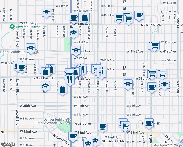 map of restaurants, bars, coffee shops, grocery stores, and more near 2709 West 38th Avenue in Denver