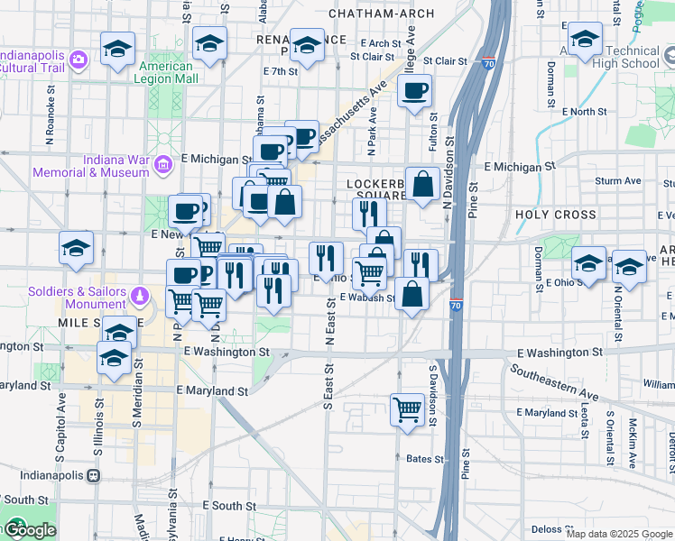 map of restaurants, bars, coffee shops, grocery stores, and more near 525 East Ohio Street in Indianapolis