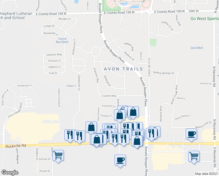 map of restaurants, bars, coffee shops, grocery stores, and more near 449 Grant Court in Avon