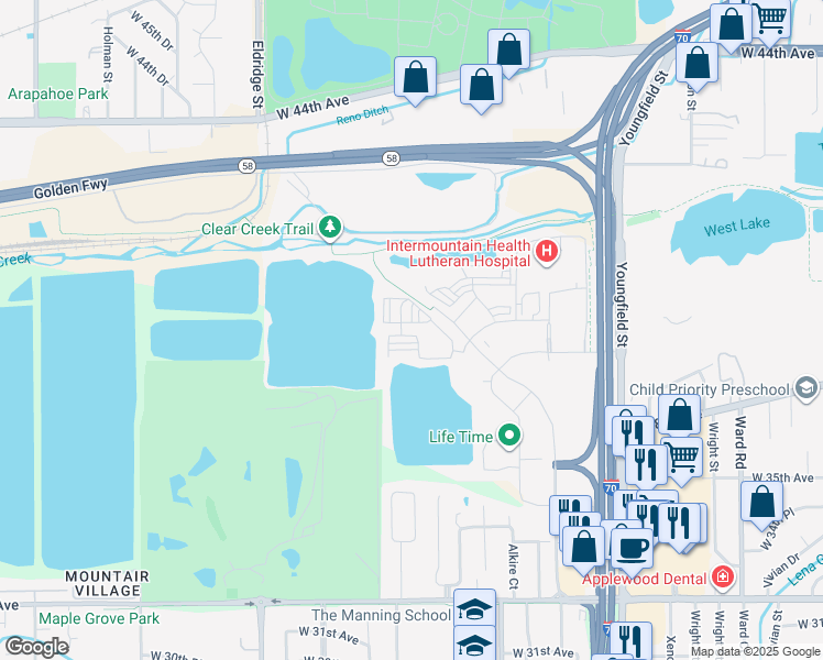 map of restaurants, bars, coffee shops, grocery stores, and more near 4051 Clear Creek Drive in Golden