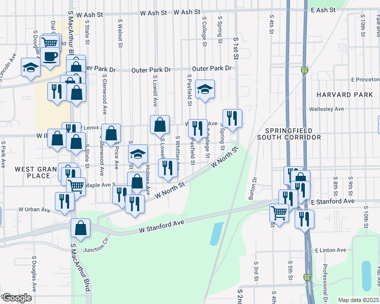 map of restaurants, bars, coffee shops, grocery stores, and more near 2711 South Pasfield Street in Springfield