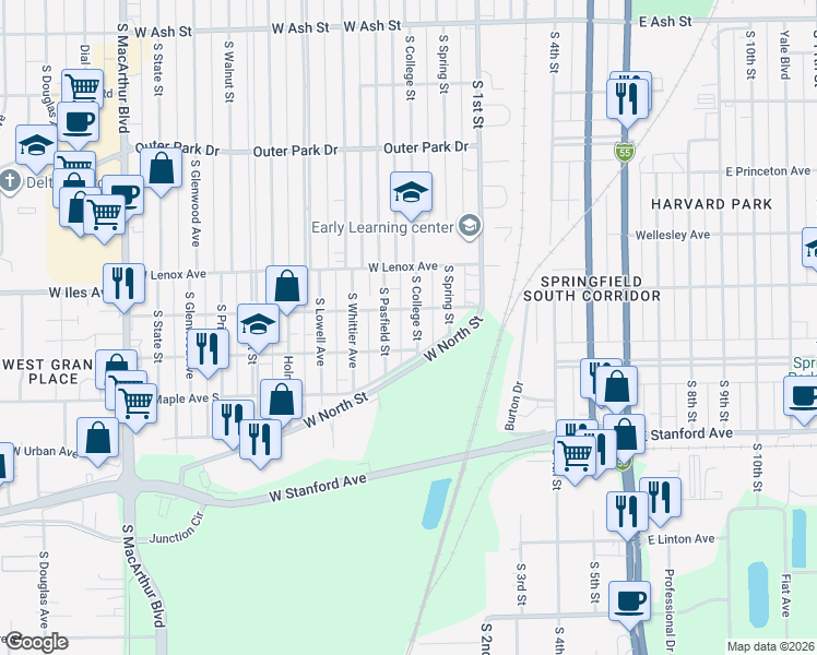 map of restaurants, bars, coffee shops, grocery stores, and more near 2740 South College Street in Springfield