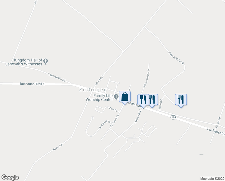 map of restaurants, bars, coffee shops, grocery stores, and more near 4600 Washington Meadows Lane in Waynesboro