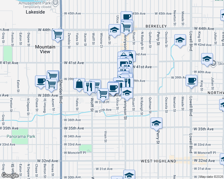 map of restaurants, bars, coffee shops, grocery stores, and more near 4601 West 38th Avenue in Denver