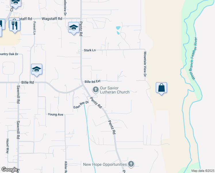 map of restaurants, bars, coffee shops, grocery stores, and more near 1846 Bille Road in Paradise