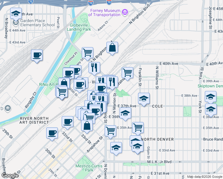 map of restaurants, bars, coffee shops, grocery stores, and more near 3702 Walnut Street in Denver