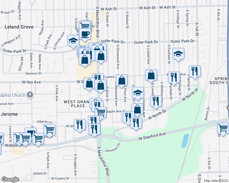 map of restaurants, bars, coffee shops, grocery stores, and more near 2705 South Glenwood Avenue in Springfield