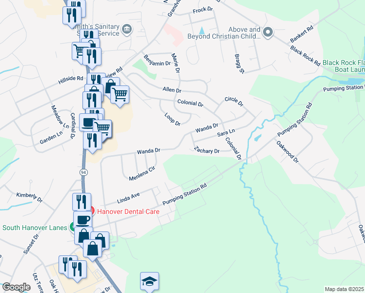 map of restaurants, bars, coffee shops, grocery stores, and more near 1388 Wanda Drive in Hanover